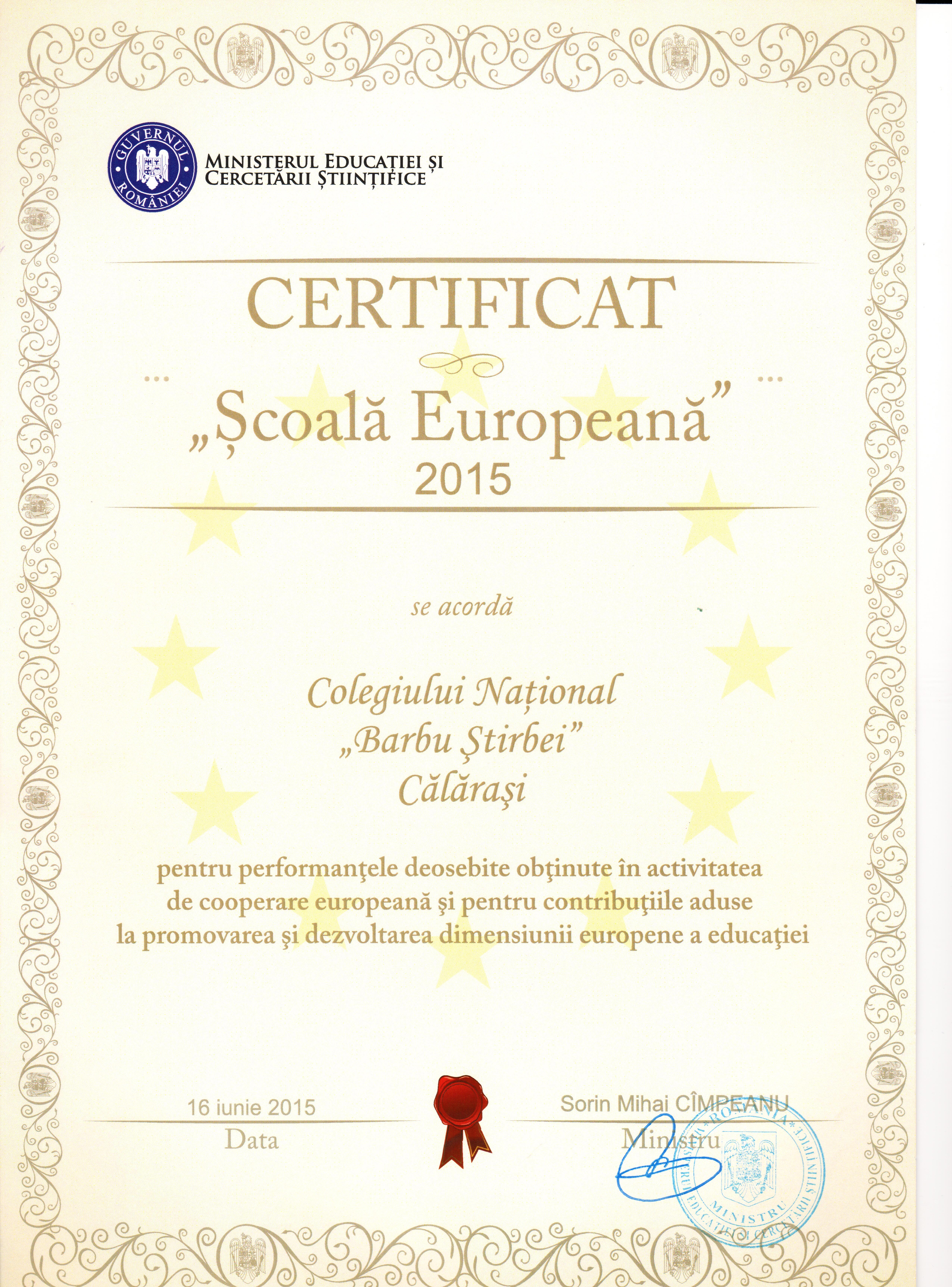 Certificat - scoala europeana